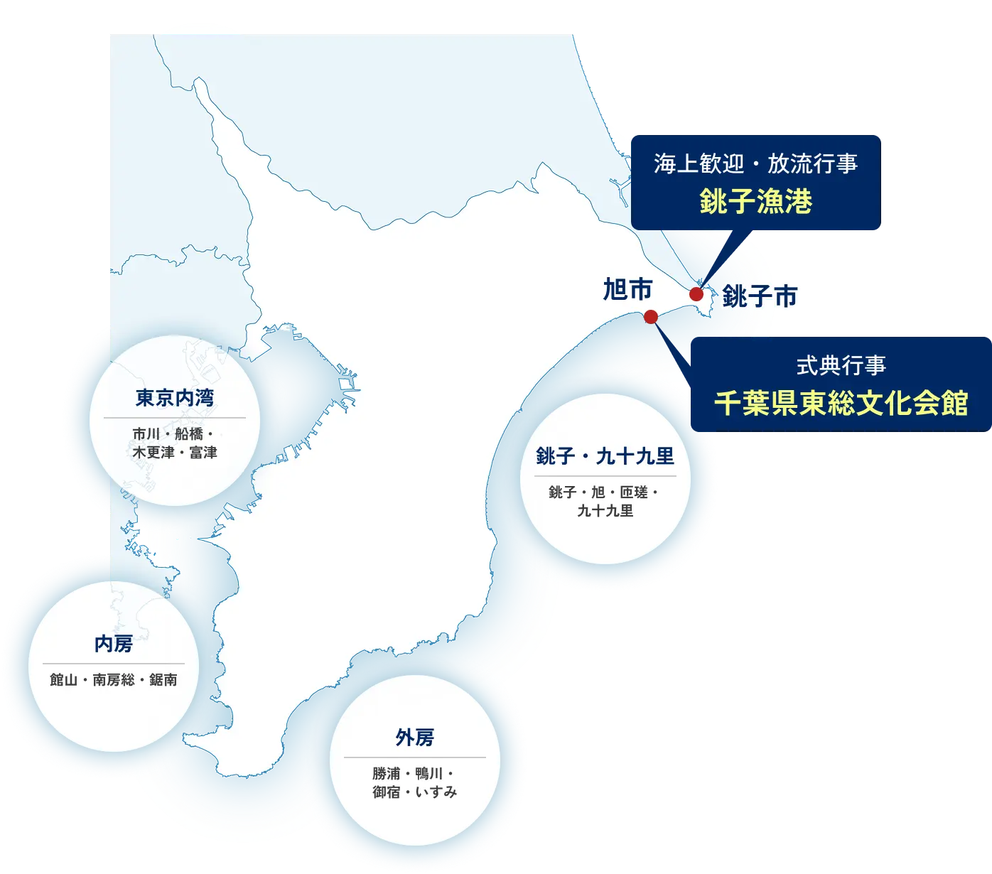 千葉県の海　銚子・九十九里、外房、内房、東京湾　海上歓迎・放流行事：銚子漁港、式典行事：千葉県東総文化会館